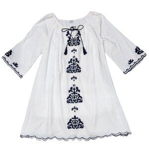 C|C Chic Connection Boho Dress Tassel Tie White/ Blue Floral Embroidery M